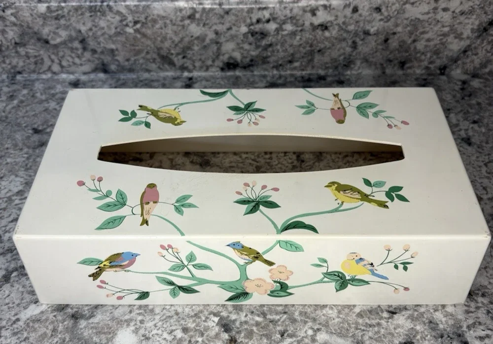 Vintage Tissue Box Cover Birds Flowers Platic Japan Jakson Bath MCM Decoration
